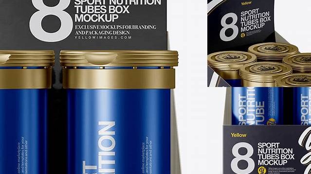 5496+ 8 Metallic Sport Nutrition Tubes Display Box PSD Mockup Smart Object PSD Template