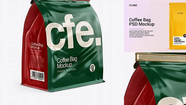 5505+ Glossy Coffee Bag With Tin-Tie PSD Mockup Half Side View Fully Layered Photoshop Freebie