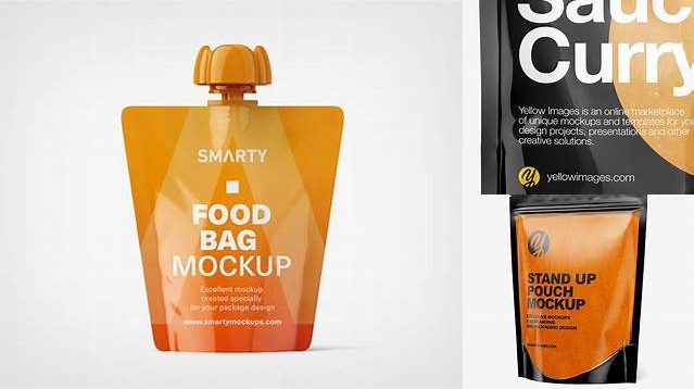 5511+ Glossy Transparent Stand-Up Pouch with Curry Sauce PSD Mockup Half Side View Exclusive Free Photoshop Mockup