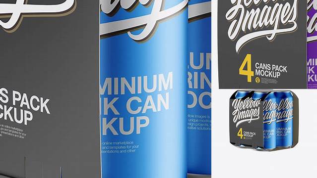 5521+ Carton Carrier with 4 Matte Cans PSD Mockup Half Side View High-Angle Shot Professional Quality Freebie PSD File