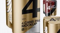 5533+ 4 Cans in Matte Metallic Shrink Wrap PSD Mockup Half Side View High Angle Shot Custom Design Freebie PSD