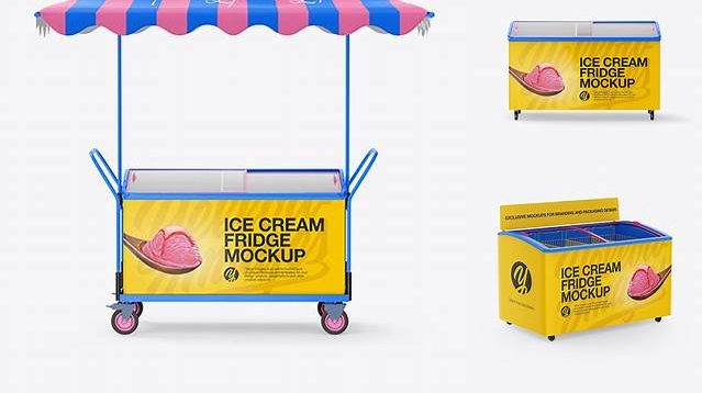 5573+ Ice Cream Fridge With Awning PSD Mockup Front View Download Free Premium Design PSD