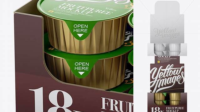 5590+ 18 Fruit Puree Cups Display Box PSD Mockup Front View Elegant PSD Mockup