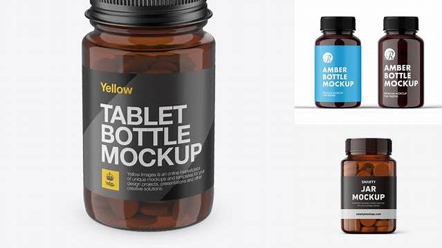 5603+ Amber Pill Bottle With Metal Cap PSD Mockup High-Angle Shot Download Now Free PSD Template