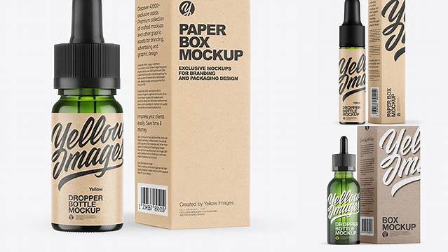 5604+ Green Dropper Bottle with Kraft Paper Box PSD Mockup Elegant PSD Mockup