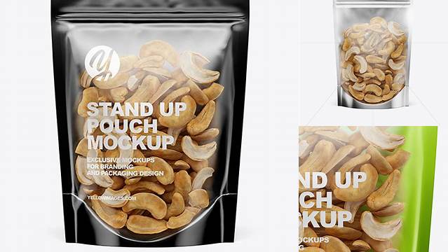 5607+ Glossy Transparent Stand-Up Pouch with Cashew Nuts PSD Mockup Front View Digital Resource Free Download