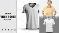 5609+ Women's V-Neck T-Shirt PSD Mockup Front View Exclusive PSD Design Freebie