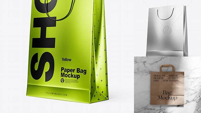 5646+ Metallic Paper Shopping Bag PSD Mockup Half Side View Hero Shot Exclusive Layered PSD Mockup