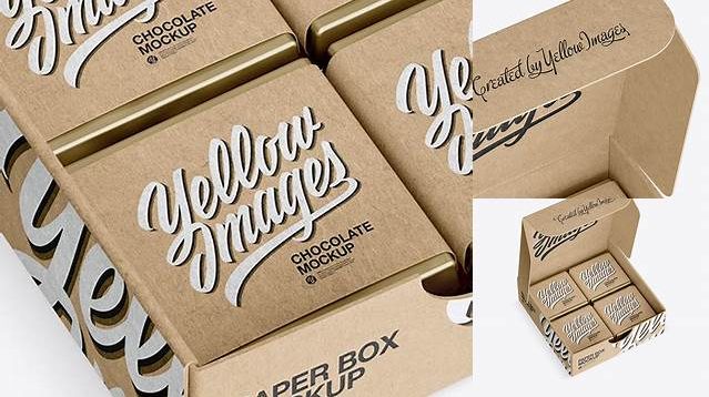 5651+ Opened Kraft Paper Box With Chocolates PSD Mockup Half Side View Fully Customizable Mockup PSD Free