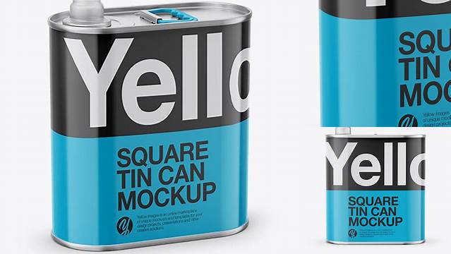 5662+ 4L Opened Square Tin Can PSD Mockup Half Side View High-Angle Shot Creative Free PSD Graphic Design