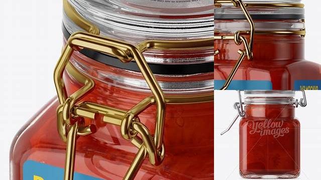 5678+ 100ml Glass Strawberry Jam Jar with Clamp Lid PSD Mockup Half Side View High-Angle Shot Free Creative Design