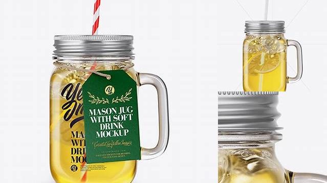 5735+ Closed Mason Jug with Straw and Label PSD Mockup Lemonade Front View Professional Graphic PSD Download