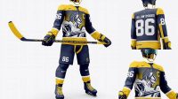 5753+ Men’s Full Ice Hockey Kit with Stick PSD Mockup Hero Back Shot Free Digital Resource for Designers