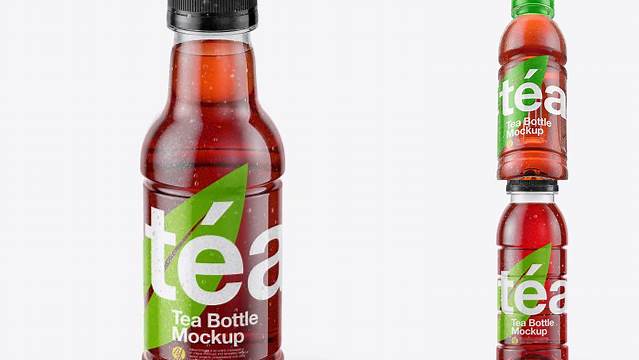 5775+ Tea Bottle with Condensation in Shrink Sleeve PSD Mockup Front View High Angle Shot Free Graphic Mockup PSD