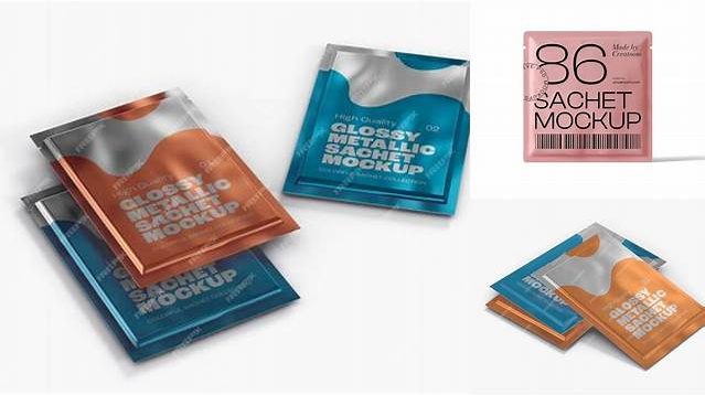 5777+ Glossy Metallic Sachet PSD Mockup Front View Photoshop PSD Free for Designers