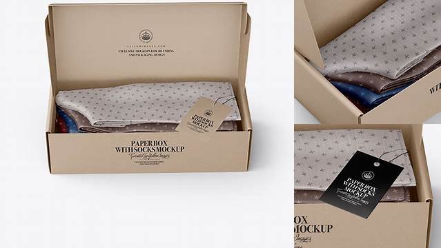 5778+ Kraft Paper Box With Socks PSD Mockup High-Angle Shot Free Creative Design