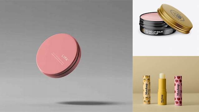 5784+ Glossy Lip Balm Tin PSD Mockup Front View High-Angle Shot Photoshop PSD Free for Designers