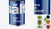 5806+ Glossy Spice Can PSD Mockup Front View High Angle Shot Modern Free PSD Template