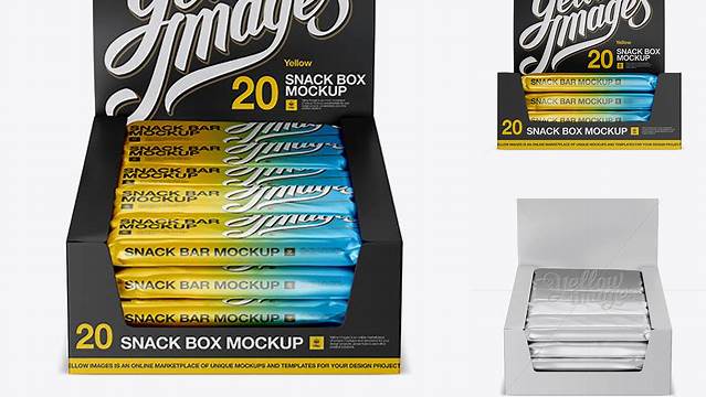 5823+ 20 Matte Metallic Snack Bars Display Box PSD Mockup Front View Advanced Editable PSD