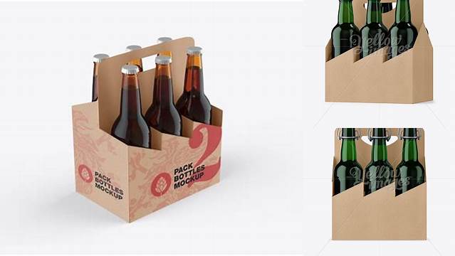 5830+ Kraft Paper 6 Pack Green Bottle Carrier PSD Mockup Half Side View High Angle Shot For Free Download