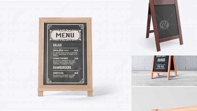 5836+ Wooden Street Menu Board PSD Mockup Half-Side View Advanced Free Graphic Template