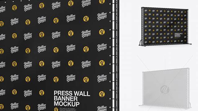 5847+ Press Wall Banner with Glossy Frame PSD Mockup Halfside View Smart Layer Mockup Free