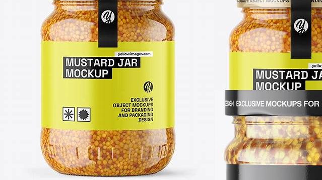 586+ Clear Glass Jar with Wholegrain Mustard PSD Mockup Front View Exclusive Free PSD Mockups