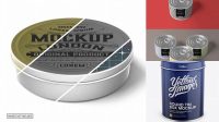 5860+ Round Tin Box PSD Mockup Up Front View High-Angle Shot Elegant PSD Mockup