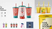 5898+ Matte Plastic 4 Pack Juice Cup PSD Mockup Side View High-Angle Download Now Free PSD Template