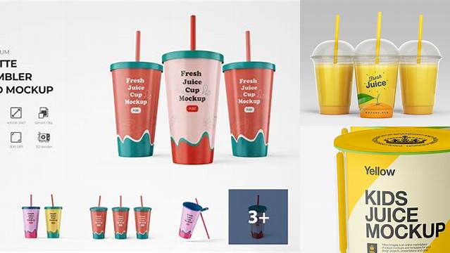 5898+ Matte Plastic 4 Pack Juice Cup PSD Mockup Side View High-Angle Download Now Free PSD Template