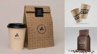 5901+ Glossy Bag with Kraft Coffee Cup PSD Mockup Half Side View Professional Design PSD