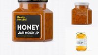 5919+ Creamed Honey with Prunes Glass Jar PSD Mockup Halfside View Free Photoshop Mockup Design