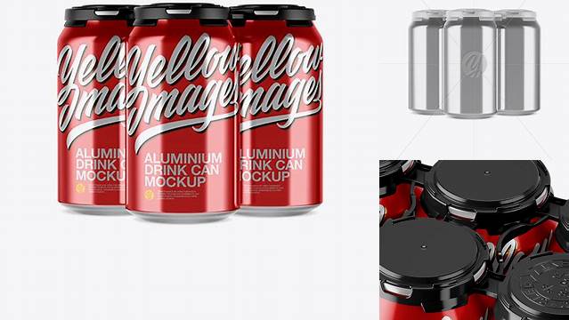 5925+ Pack with 3 Metallic Cans with Plastic Holder PSD Mockup Front View Professional Quality PSD Freebie