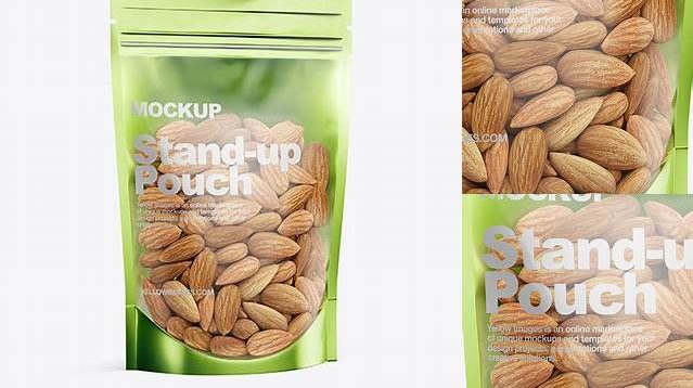 5926+ Glossy Transparent Stand-Up Pouch with Almond Nuts PSD Mockup Half Side View Editable Mockup PSD