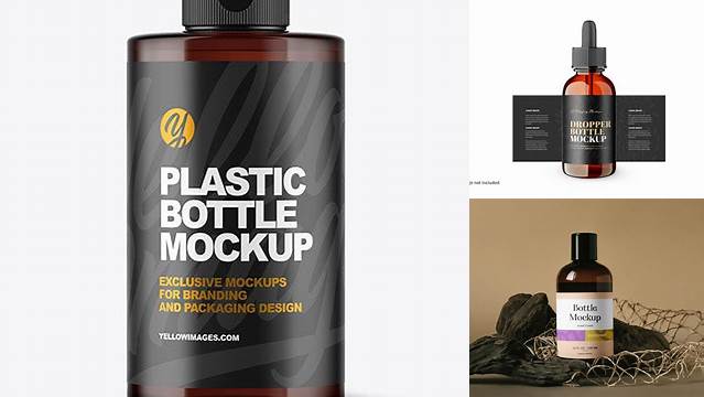 5938+ Amber Plastic Bottle PSD Mockup High-Angle Shot Premium Design Freebie