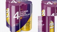 5949+ 4 Glossy Cans in Shrink Wrap PSD Mockup Half Side View Unique High-Resolution PSD