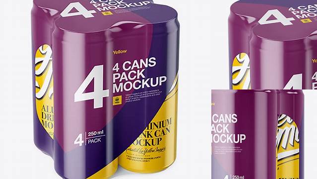 5949+ 4 Glossy Cans in Shrink Wrap PSD Mockup Half Side View Unique High-Resolution PSD