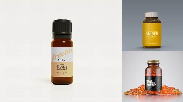 5956+ Amber Bottle With Capsules PSD Mockup Front View Elegant and Stylish Free PSD