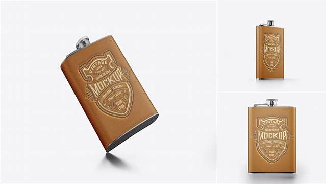 5973+ Steel Flask With Leather Wrap PSD Mockup Back View Elegant and Stylish Mockup