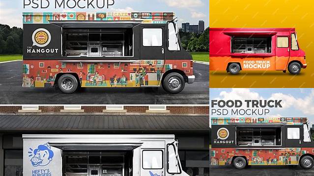 5988+ Food Truck PSD Mockup Side view Custom Design Freebie PSD