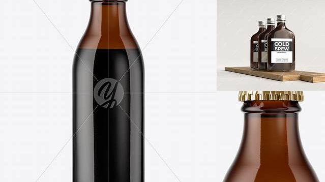 6006+ 180ml Amber Glass Bottle With Cold Brew Coffee PSD Mockup Versatile Photoshop File