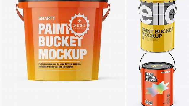 6008+ Glossy Paint Bucket PSD Mockup Front View High Angle Shot Advanced and Editable PSD Template Free