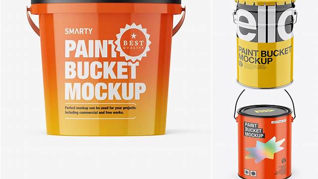 6008+ Glossy Paint Bucket PSD Mockup Front View High Angle Shot Advanced and Editable PSD Template Free