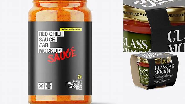 6020+ Glass Jar with Sweet Chilli Sauce PSD Mockup Halfside View Premium Quality PSD Freebie