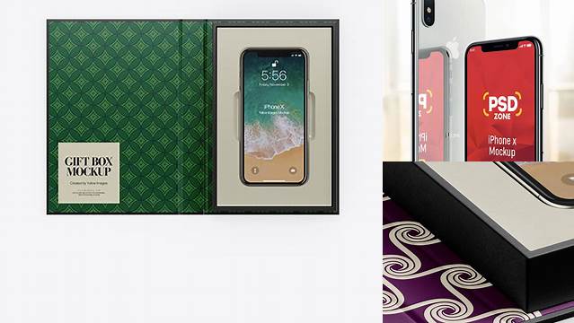 6021+ Textured Gift Box With Apple iPhone X PSD Mockup Top View Free PSD for Creatives