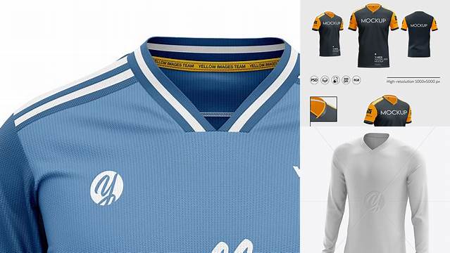 6032+ Men’s Soccer V-Neck Jersey LS PSD Mockup Back Half-Side View High-End Creative PSD Template