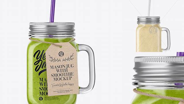 6038+ Closed Mason Jug with Straw and Label PSD Mockup Green Smoothie Layered Photoshop Template