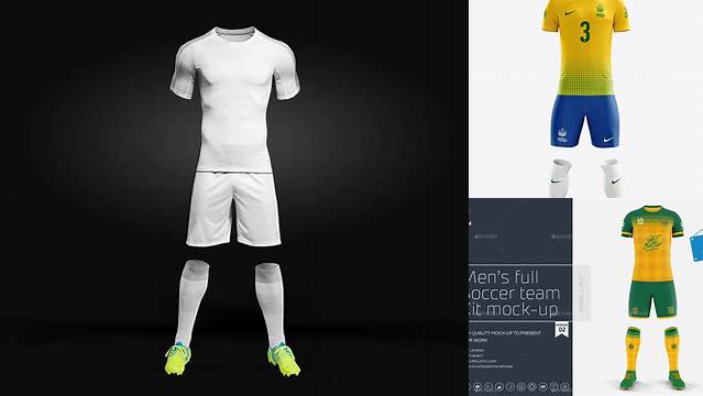 6042+ Men’s Full Soccer Kit with Mandarin Collar Shirt PSD Mockup Front View Fully Editable PSD Template