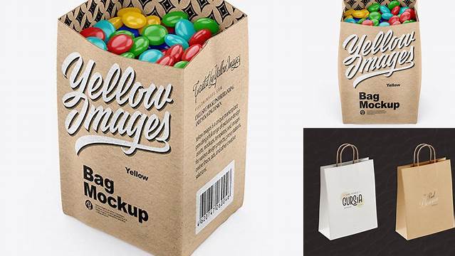 6057+ Kraft Bag With Candies PSD Mockup Front View High-Angle Shot High-Quality Design Free PSD