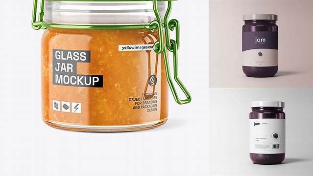 6067+ Clear Glass Jar with Apricot Jam PSD Mockup For Free Download